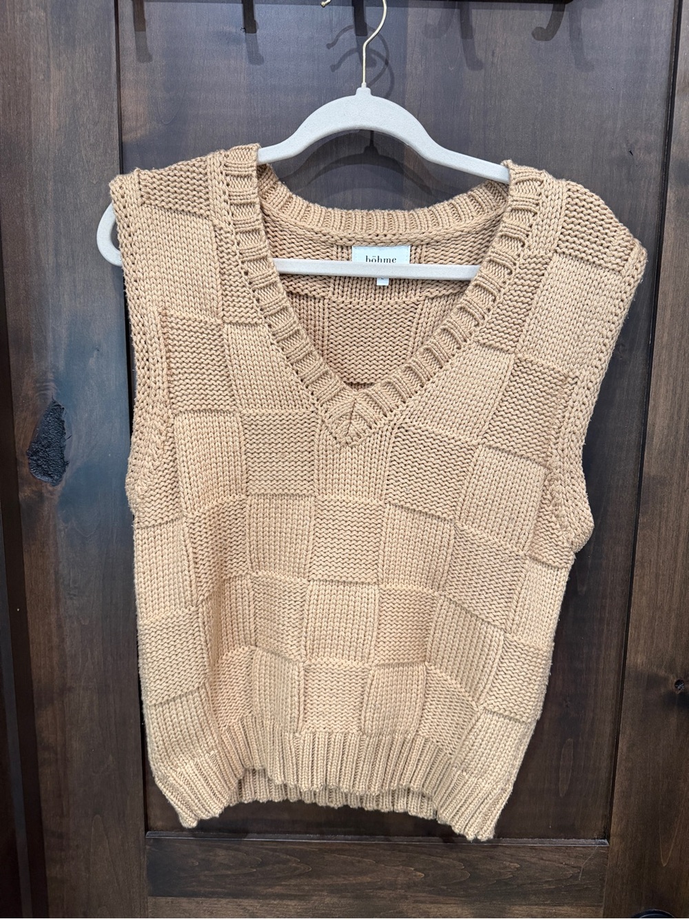 bohme Camel Checkered Knit V-Neck Sweater Vest